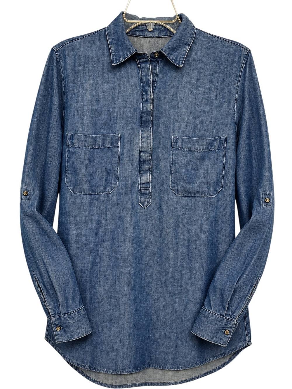 LOFT Lounge Small Blue Lyocell Chambray Denim Tunic Shirt Roll Tab Sleeve
